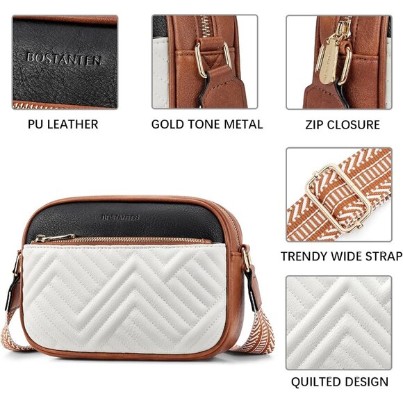 Bostanten Women Black With BrownPU leather Quilted Crossbody Bag With Wide Strap - Picture 4 of 6